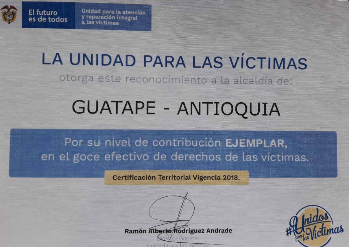 Municipio de Guatapé recibe reconocimiento por su nivel de contribución ejemplar en el goce efectivo de los derechos de las víctimas.
